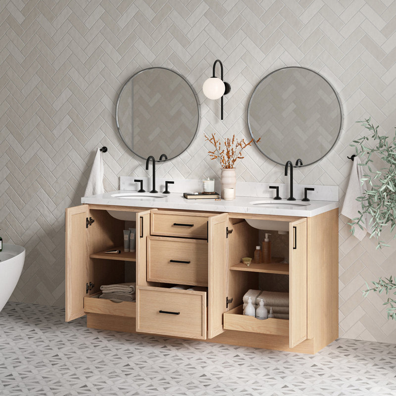 Ariel Kellie 66 Inch Double Oval Sink Bathroom Vanity With Carrara White Quartz Countertop, Oak