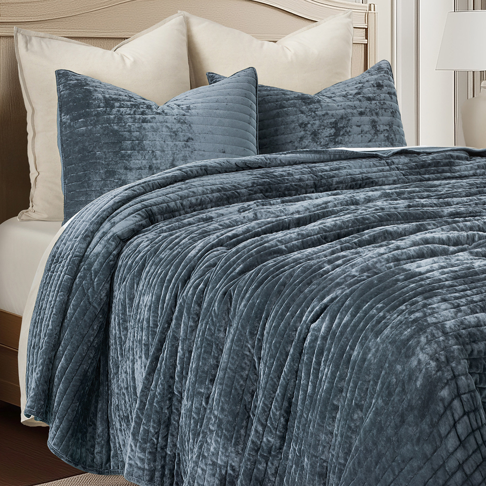 Velvet Quilt Set, Queen, Stormy Blue