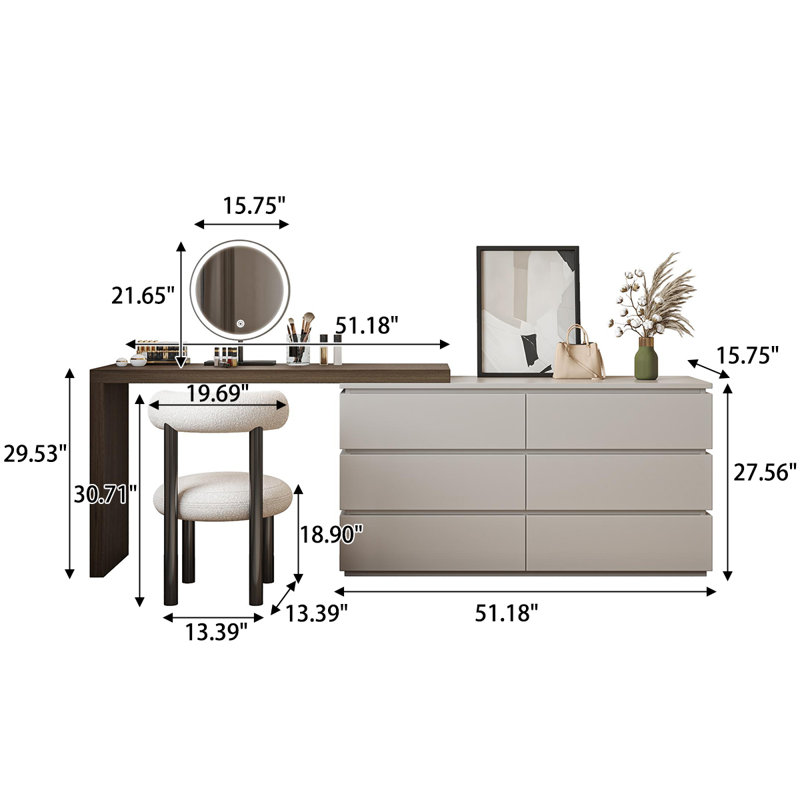 51.18"Modern minimalist grey solid wood dressing table.