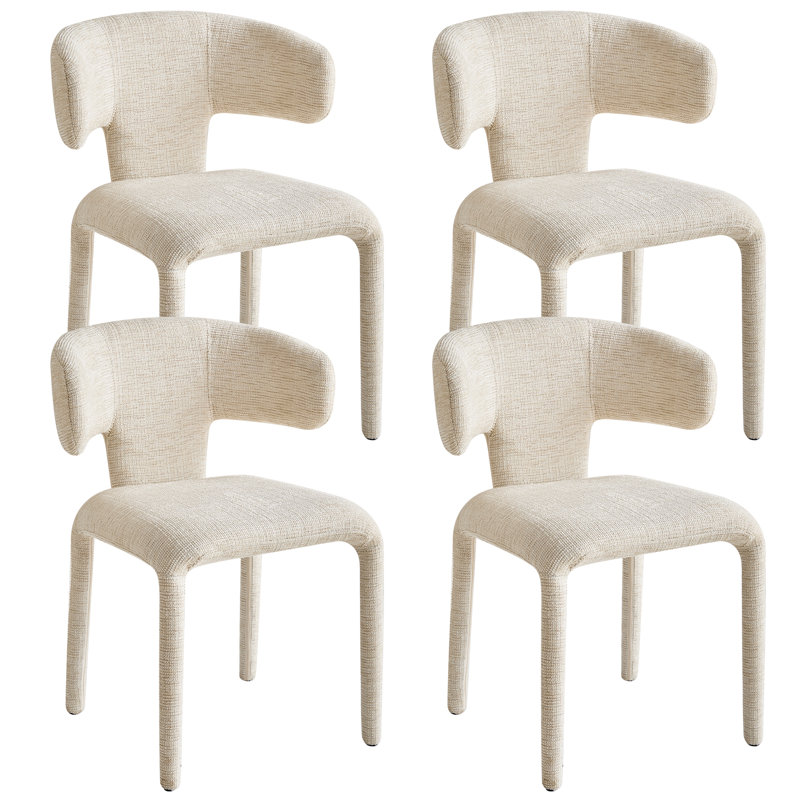 Modern Upholstered Dining Chairs, Curved Back Linen Fabric Side Chairs With Integrated Metal Legs, 4, Beige