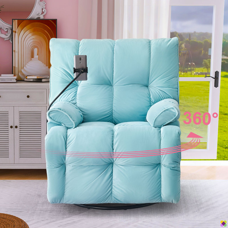Brisen 29.5"W Velvet 360° Swivel Manual Recliner, Cellphone Holder, Ice Blue