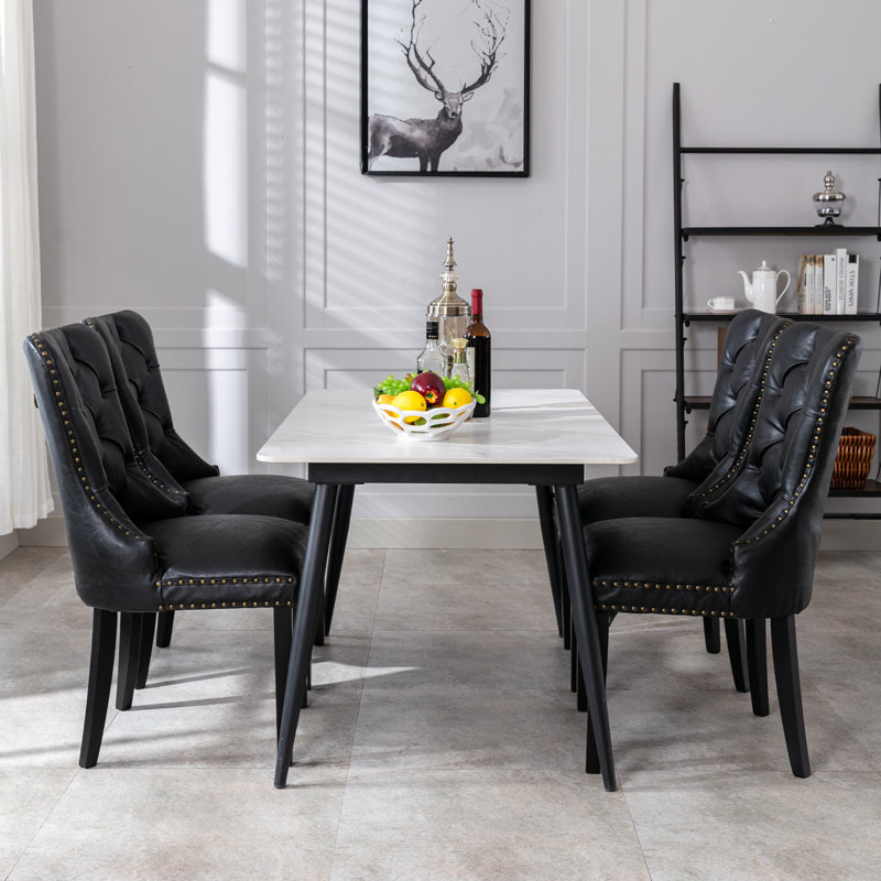 DY-TN1296S-LN-CREAM 20.3'' H Tufted Faux Leather Upholstered Side Chair, Black 