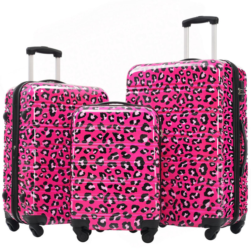 Valise à roulettes Hardshell 3 pièces avec valise TSA, Léopard rose vif