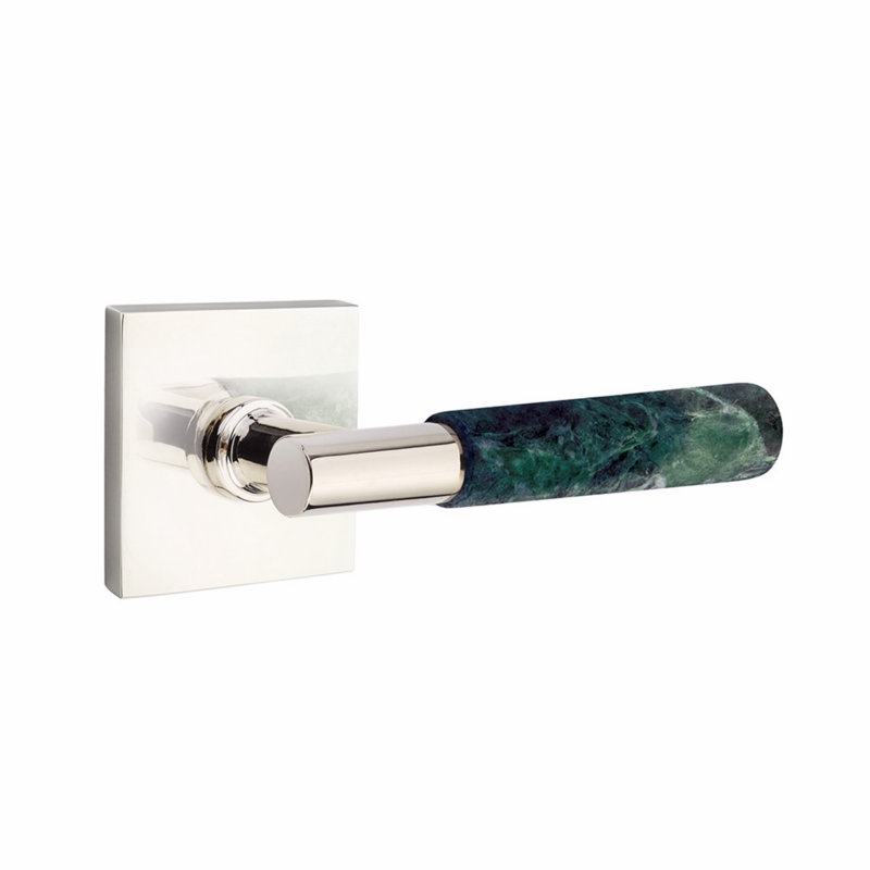 Ensemble de leviers de passage Emtek Select, rosette carrée, tige en T, poignée en marbre vert, CF, Nickel poli