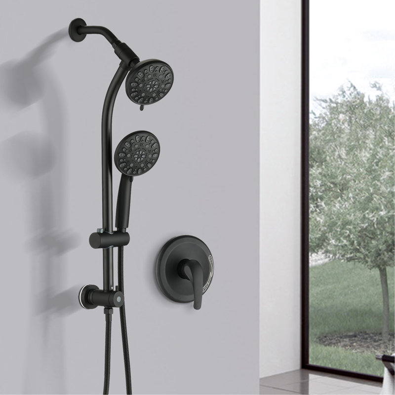 Drill- Stainless Steel Slide Bar Shower Assembly With Matte Black Dual Heads And 7 Settings Wall Mounted Kit Rod Two