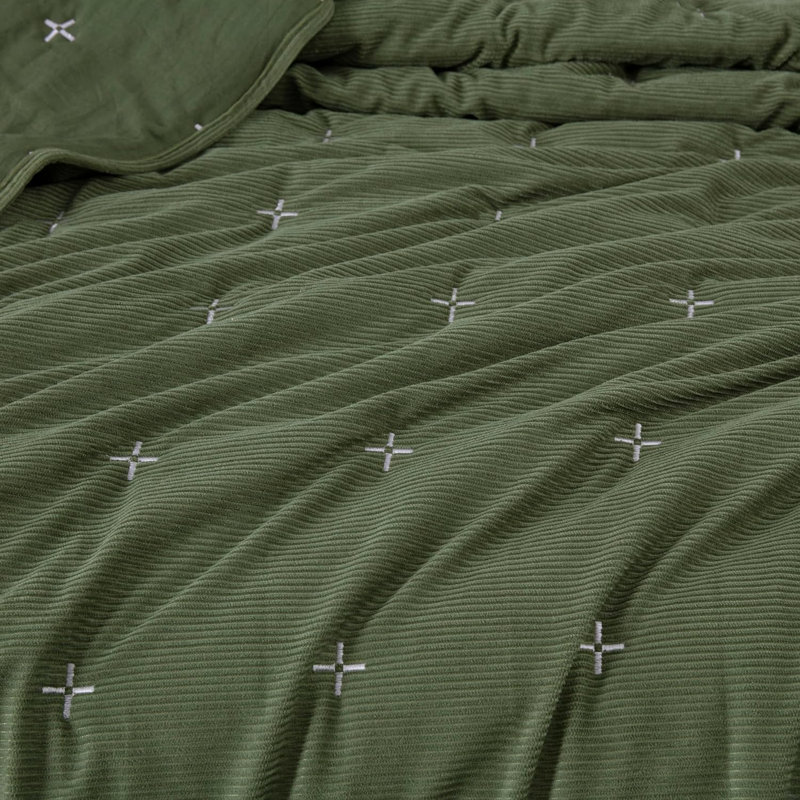  Corduroy Polyester Cross Stitch Comforter Set, Full Comforter + 2 Standard Shams, Olive Green