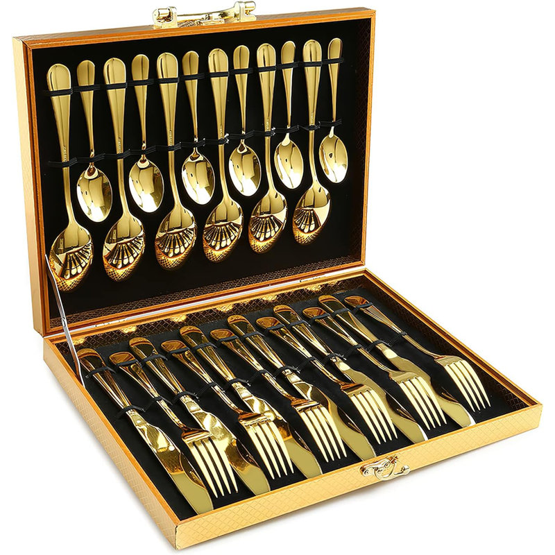 Flatware Set Gold Silverware Set With Pattern Mirror Polished 24 Pieces Cutlery Set, Service For 6
