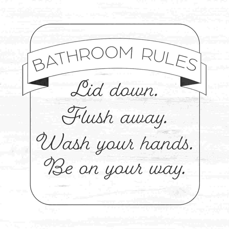 «Bathroom Rules», art textuel sur toile tendue, H 12 po x l 12 po