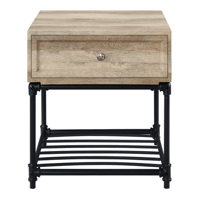 Modern Industrial End Table, Oak And Sandy Black With Compartment Storage Functional Finish Drawer