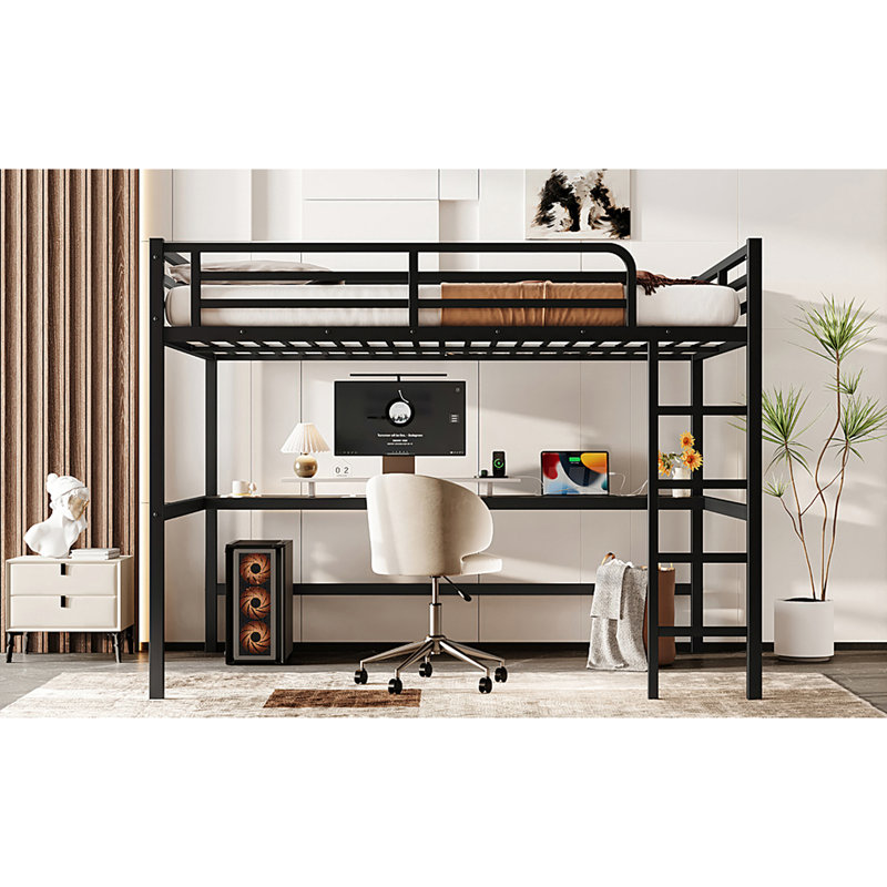 Grand lit mezzanine en métal avec fonction réduit le bruit, prise de courant et DEL intelligente, conception peu encombrante pour la configuration de la chambre à coucher, réduction de la taille des garde-corps de bureau, chambres compactes à sortie, rails de charge