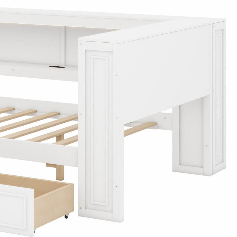 Stylish Wood Daybed Frame with Storage Shelves, Drawers, USB Ports & LED Lights, White