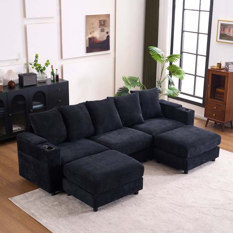 109.4 '' Sectional Sofa, U-shaped Modular Sofa Cloud Couch With Ottoman and USB, Black Linen