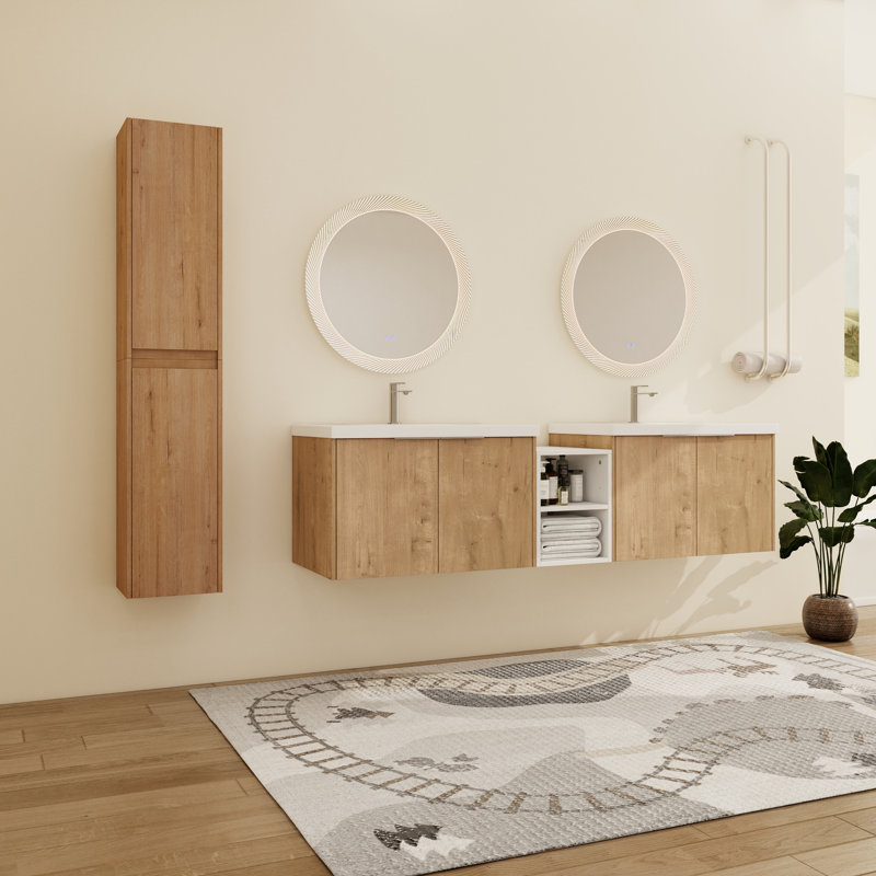  Meuble-lavabo mural double 72 po avec comptoir en résine et armoires latérales Eskar, 72"