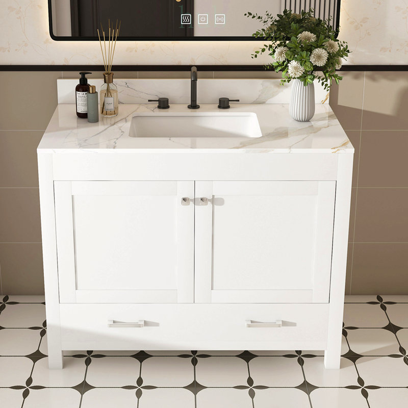 Meuble-lavabo moderne de 43 po avec plateau en marbre artificiel, rangement multifonctionnel et structure solide durable
