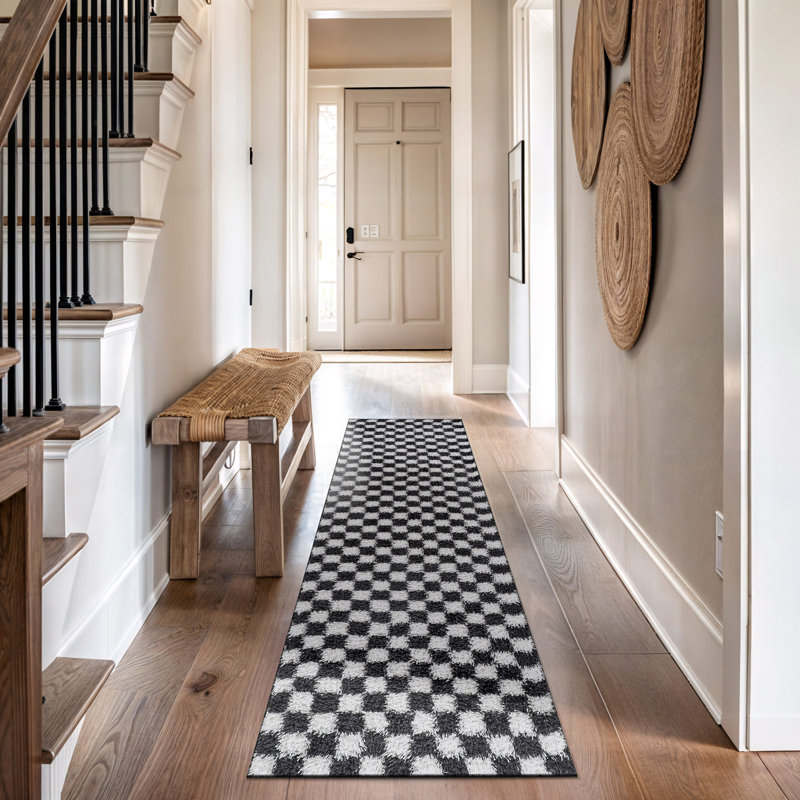 Block Pattern Shag Rug – Anthracite Dark Gray – Medium Pile, Durable & Easy To Maintain, Runner 2'2" x 12'
