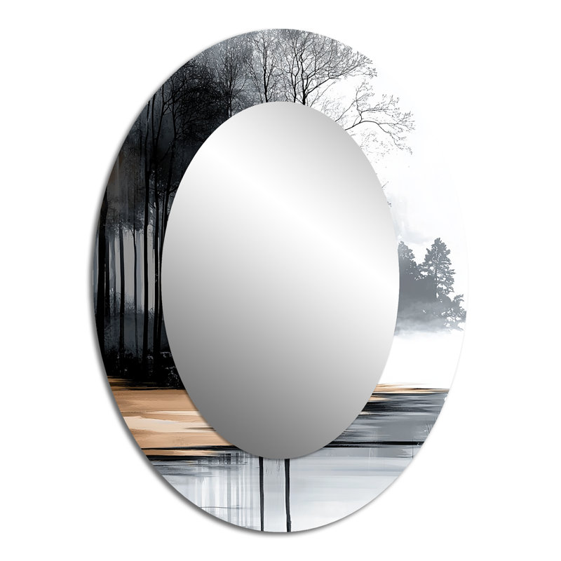 Paysage gris hivernal au bord du lac I - miroir mural moderne gris ovale, 40 po x 30 po