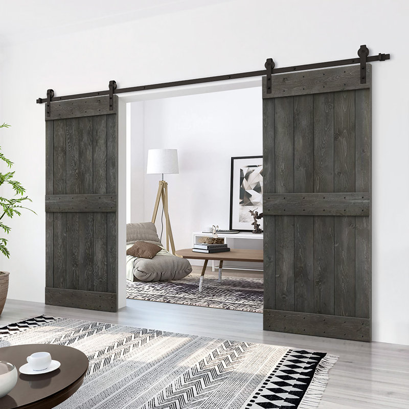 Carbon Gray Solid Pine Wood Double Barn Door Kit with Oil Rubbed Bronze Hardware
