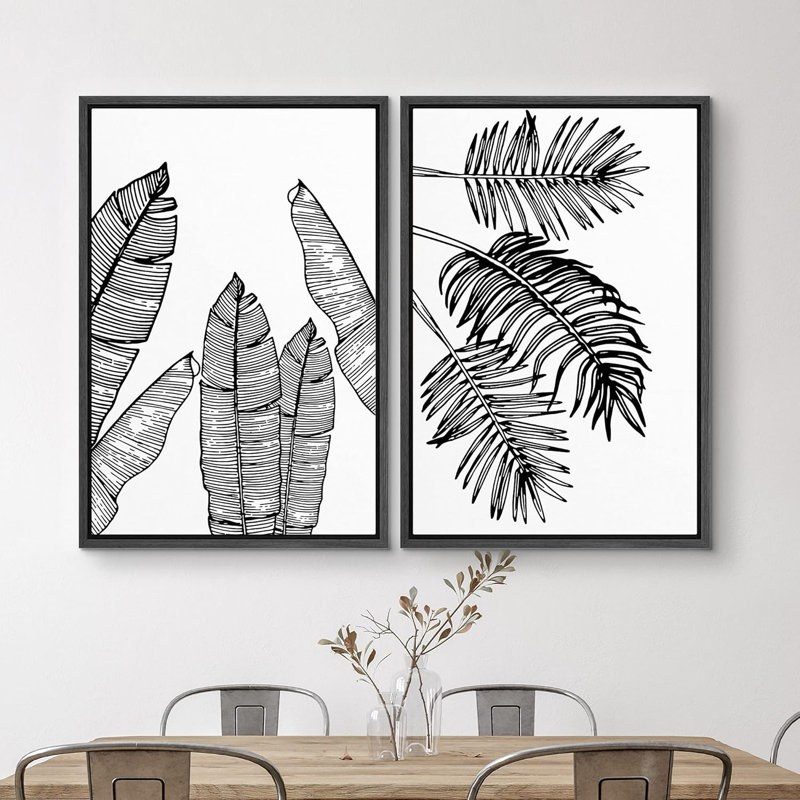 Banane et feuille de palmier, illustrations de plantes florales, art moderne panoramique, noir et blanc, H 36 po x l 24 po