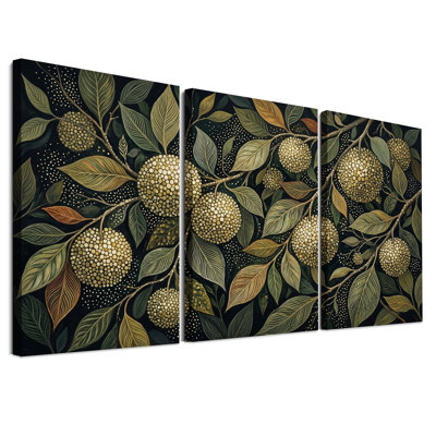 Ensemble de 3 toiles murales représentant des branches de fruits dorées à pois et des feuilles vertes