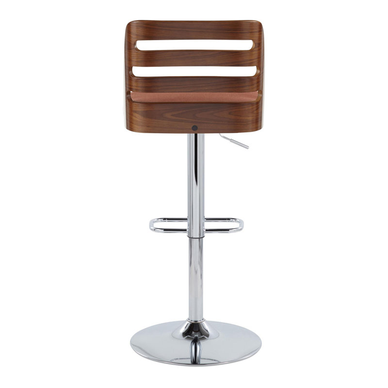 Adjustable Orange Upholstered Swivel Barstool with Wood Backrest