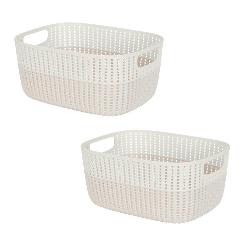 Ivory Rectangular Plastic Storage Basket with Built-in Handles