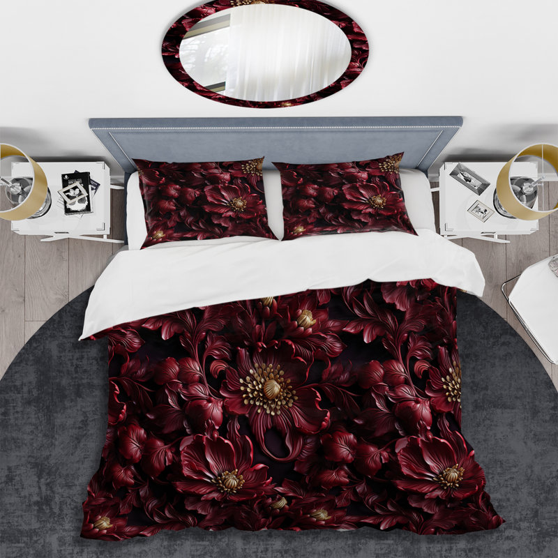Regal Burgundy Flowers Majesty Elegance II - Ensemble de housse de couette glam