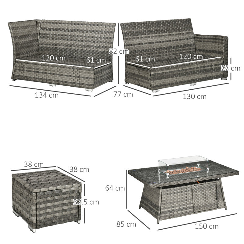 6 Person Grey Rattan Garden Sofa Set with 50000 BTU Gas Fire Pit Table, Wind Guard and Thick Cushions