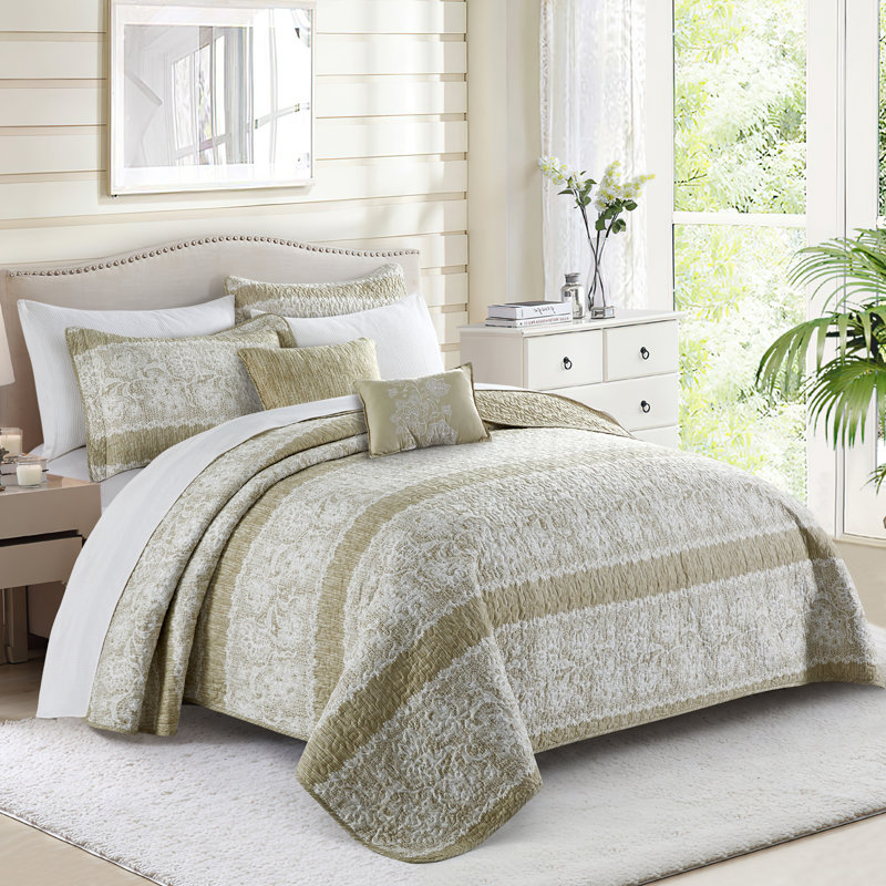 5 Piece Emma Printed Microfiber Quilts Set, King Quilt + 2 King Shams + 2 Throw Pillows, Taupe