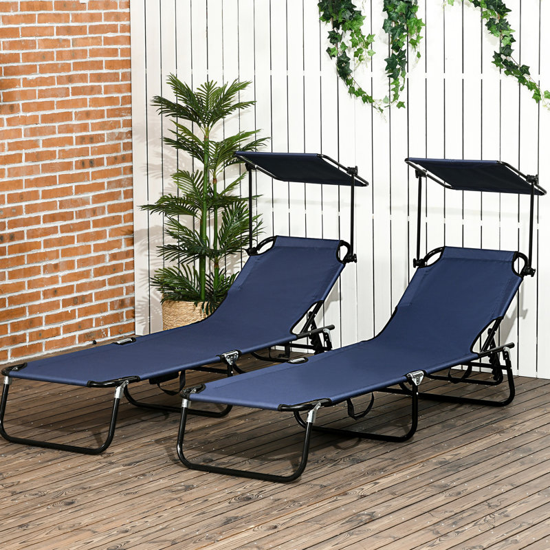 Outdoor Chairs With Canopy And Foldable Feature - Dark Blue Pool Lounge Sunshade Function