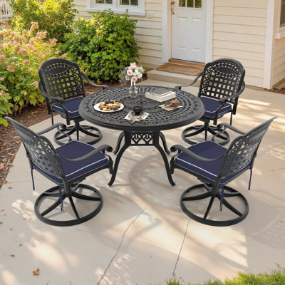 5-Piece Round Cast Aluminum Outdoor Patio Dining Set with Swivel Chairs & Cushions & Umbrella Hole