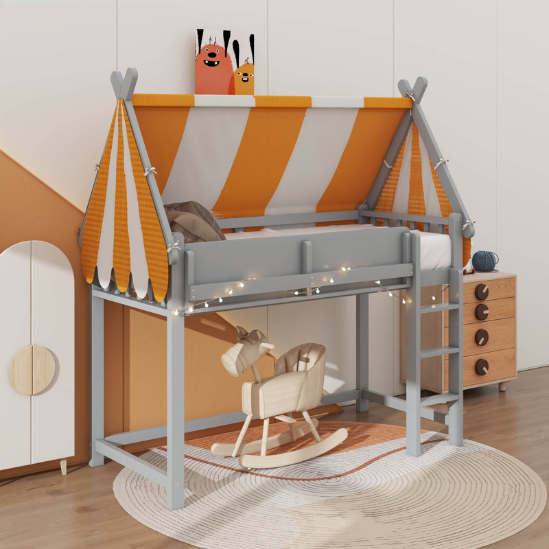 Lit mezzanine double avec auvent, lumières DEL et étagère à livres, Gris, Double