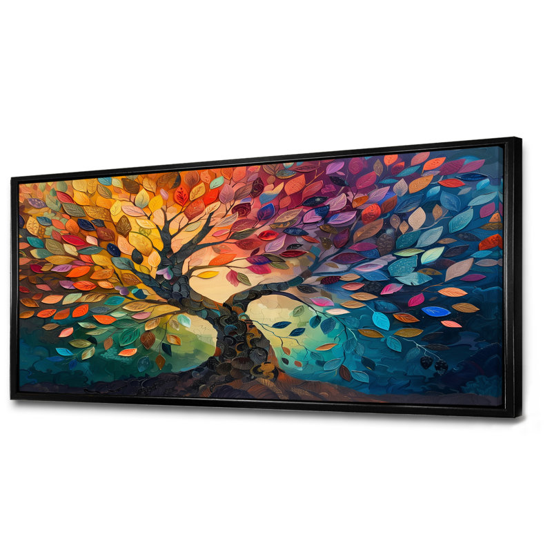 Arbre coloré de la vie II, art mural, Cadre flottant noir, H 28 po x l 60 po x P 1,5 po