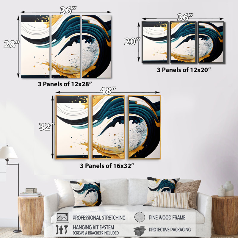 «Blue and Gold Modern Art Abstract Paint VI», ensemble d'art mural moderne sur toile, H 28 po x l 36 po x P 1 po