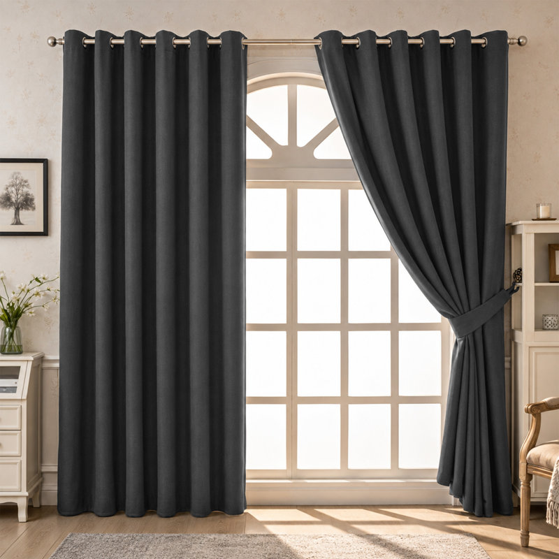 100 % Polyester Blackout Eyelet Room Darkening  Thermal Curtain (Set of 2), 117 cm Width x 137 cm Drop, Dark Grey