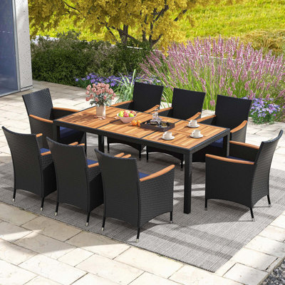 9 Pcs Outdoor Dining Set With Acacia Wood Tabletop, Umbrella Hole, Seat Cushions