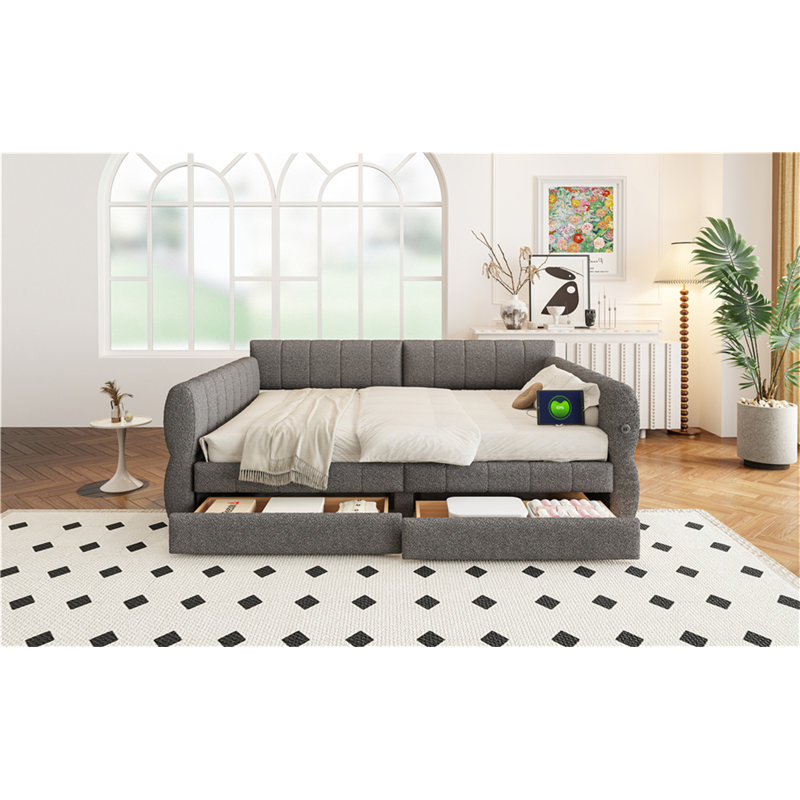 Lit plateforme tapissier avec port USB et 2 tiroirs, Gris