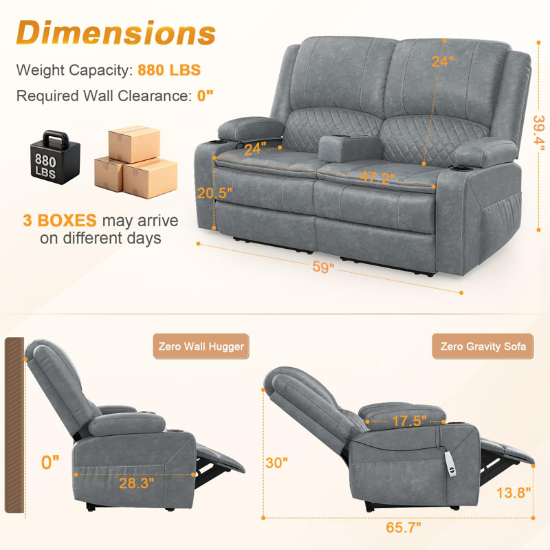 Loveseat Recliner Sofa, Loveseat with Removable Armrest, USB Ports, Cup Holders, Gray
