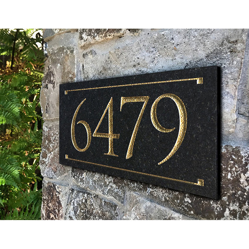 Black Granite Rectangle Trajan Engraved 1-Line Address Sign, Yes, Gold