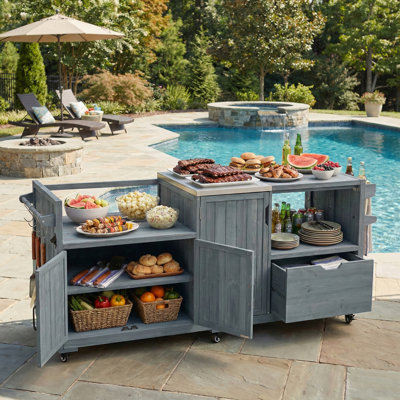 80.5" Solid Wood Outdoor Kitchen Island & Grill Cart With Stainless Steel Top – Fits Large Big Green Egg & 28" Griddle