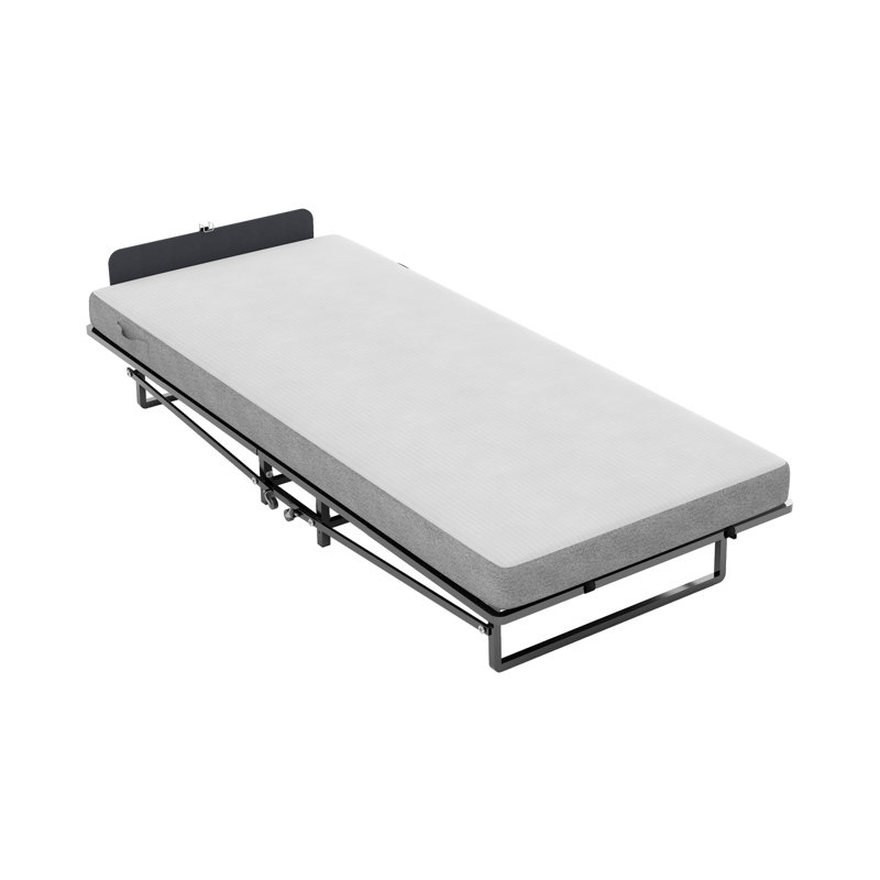 Structure de lit pliante en métal avec matelas en mousse, 4 roulettes pour faciliter la mobilité, rangement à profil mince, chambre à coucher et chambre d'amis noir, mouvement à roulement à haute densité, bon dortoir