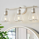 Luminaire de meuble-lavabo moderne à intensité variable en nickel poli avec abat-jour en verre transparent conique