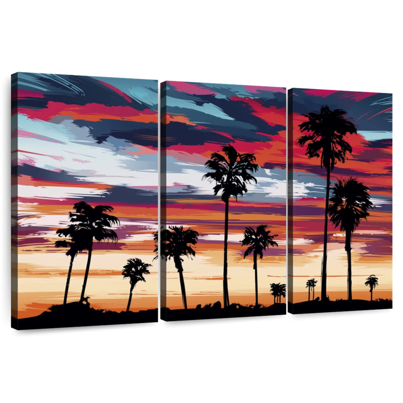 Silhouette de palmiers au coucher du soleil, H 28 po x l 45 po