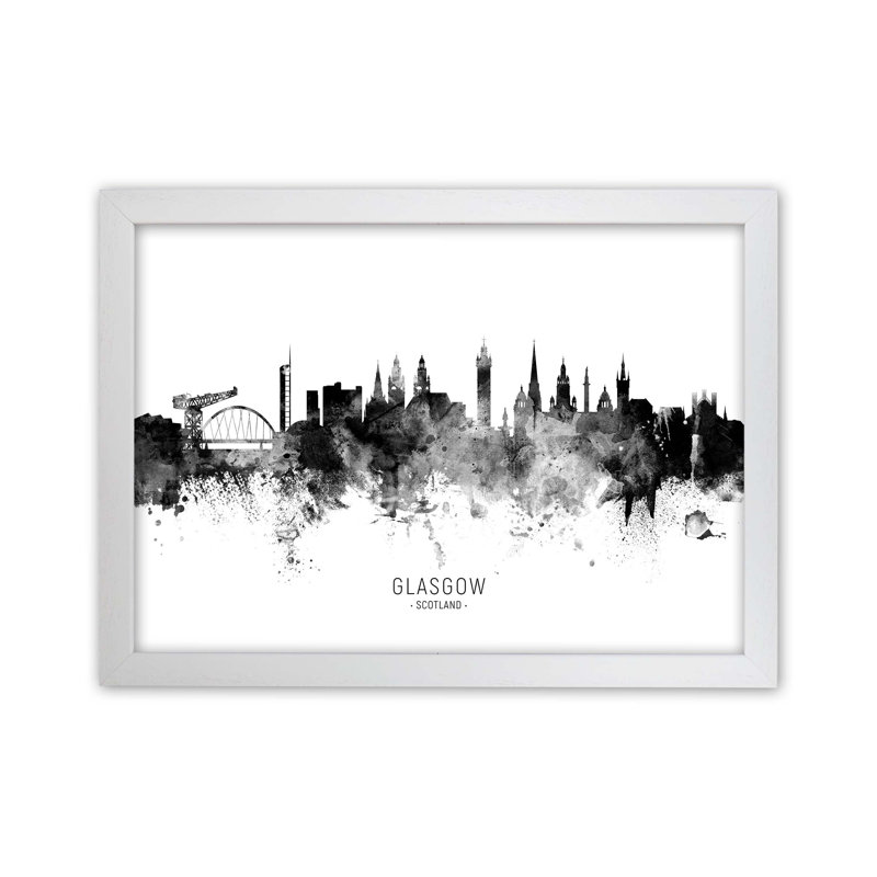 Glasgow Scotland Skyline Black White City Name by Michael Tompsett - Print, 64cm H x 88cm W x 3cm D, White Framed