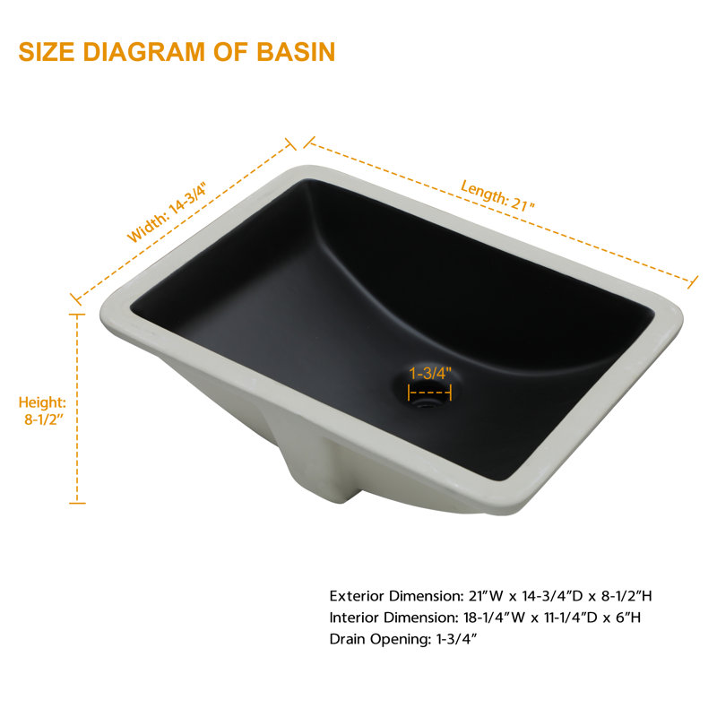 Lavabo de salle de bain rectangulaire encastré en céramique avec trop-plein 21 po L x 15 po, Noir, noir, noir, noir