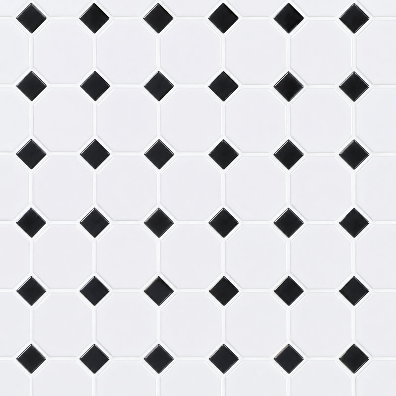 Mosaïque Tuxedo Octogone Blanc de 5 cm avec point noir, Octogone blanc 2 pouces avec pois noirs