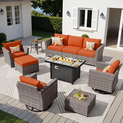Ensemble de mobilier de patio pour 7 personnes avec assemblage à bascule pivotant, ensemble de conversation modulaire en rotin et osier avec coussins, ensemble de conversation pour canapé toutes saisons avec foyer d'extérieur
