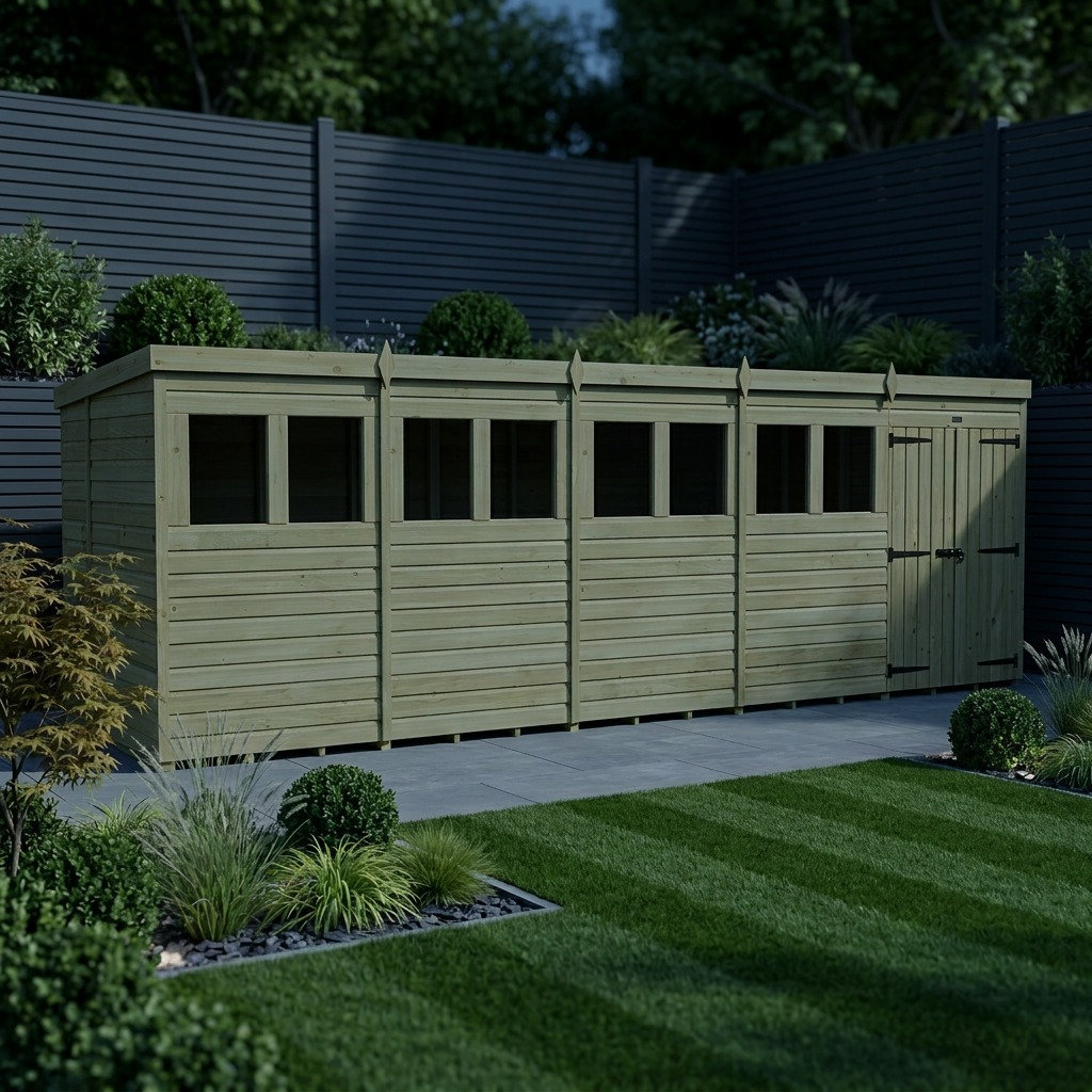 Total Sheds 19ft x 6ft Pent Garden Shed - Double Door - With Windows - Pressure Treated Timber - UK Manufactured