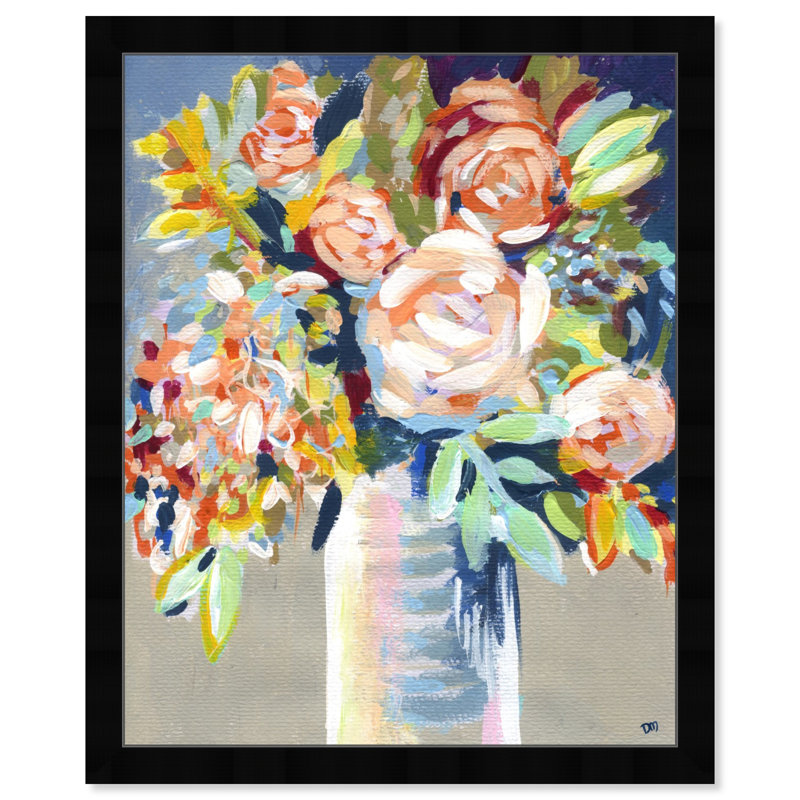 Cadre floral peint à l'orange, Cadre noir, H 22 po x l 18 po