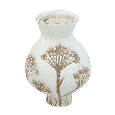 8x8x11" Round White Ceramic Vase with Delicate Brown Tree Design