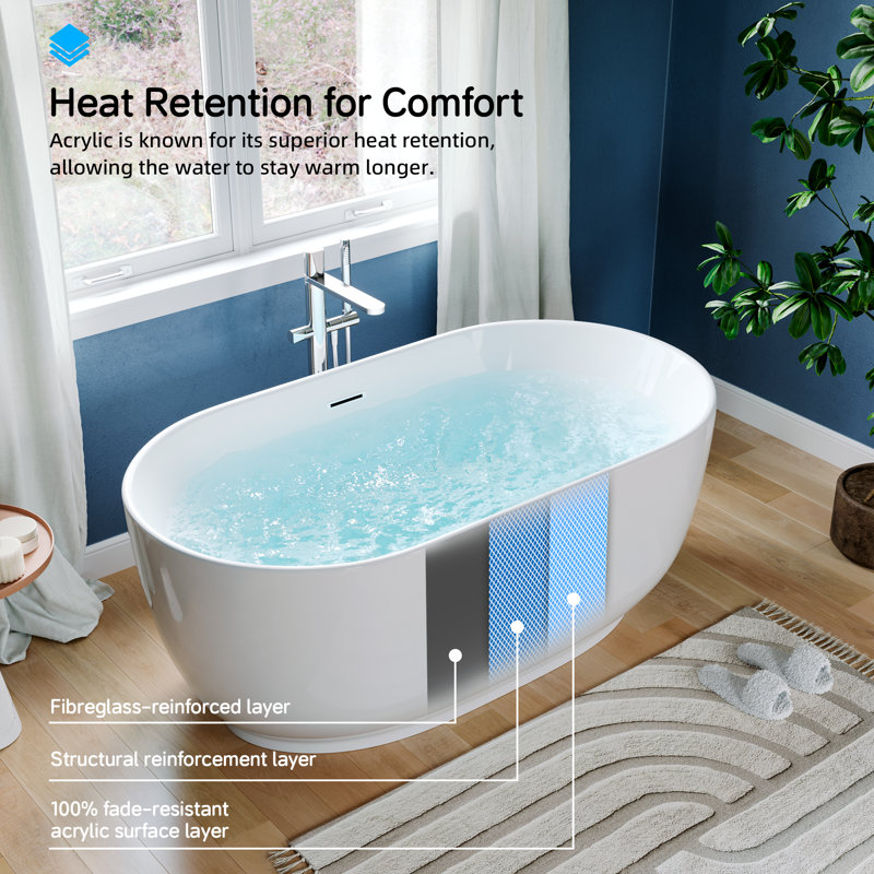 Modern Acrylic Freestanding Bathtub - Glossy White Soaking Tub with Pre-Drilled Drain and Overflow
